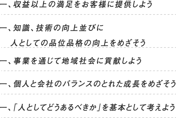 1、収益以上の満足をお客様に提供しよう 1、知識、技術の向上並びに人としての品位品格の向上をめざそう 1、事業を通じて地域社会に貢献しよう 1、個人と会社のバランスのとれた成長をめざそう 1、「人としてどうあるべきか」を基本として考えよう